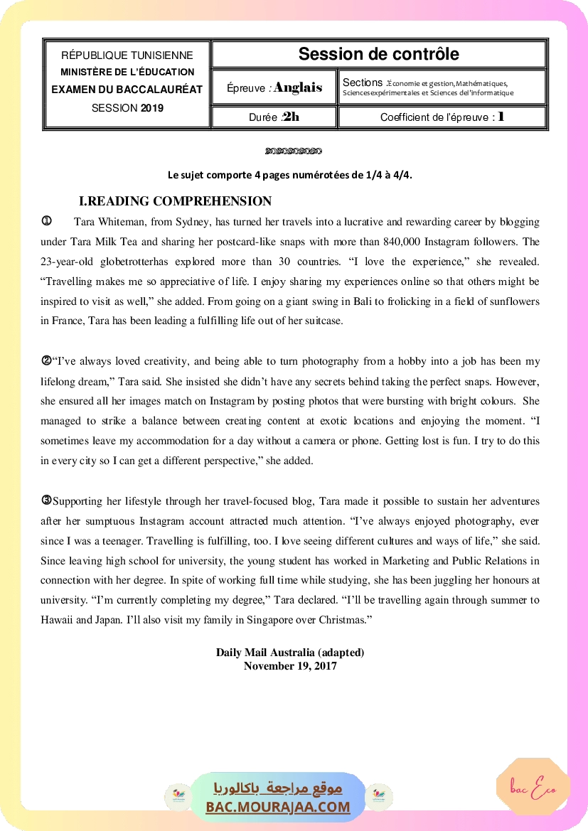 Corrigé controle anglais Bac 2019 – Section eco